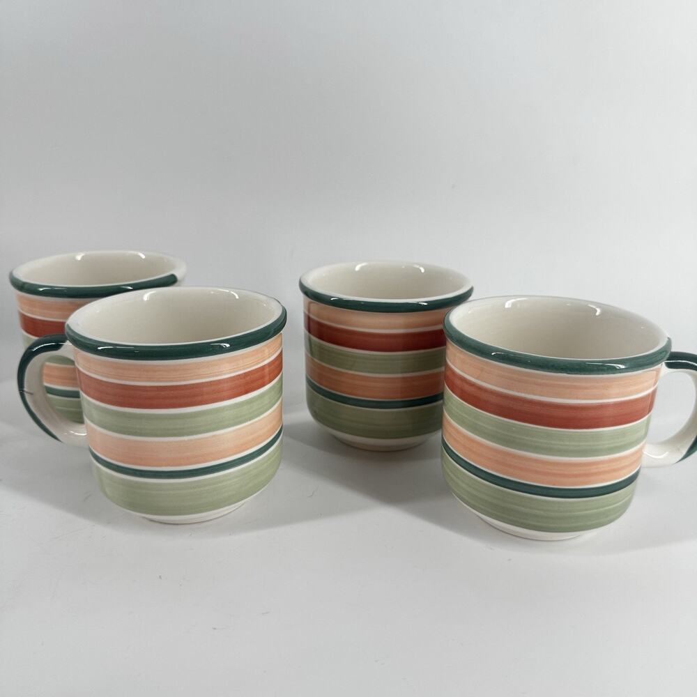 Pier 1 Green Rust & Coral Horizontal Stripes Hand Painted Mugs ITALY Set Of 4